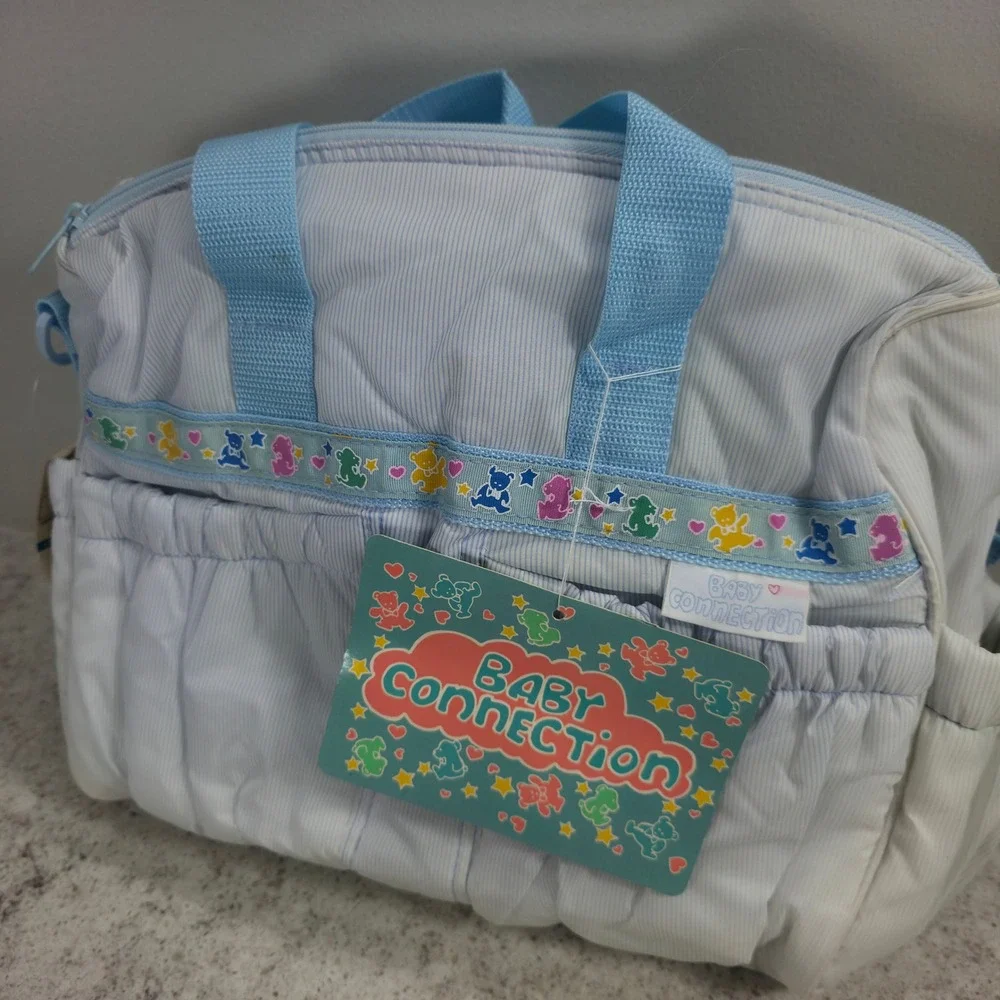 Baby Connection Vintage Diaper Bag Blue Pinstripe Teddy Bear Changing Pad NWT